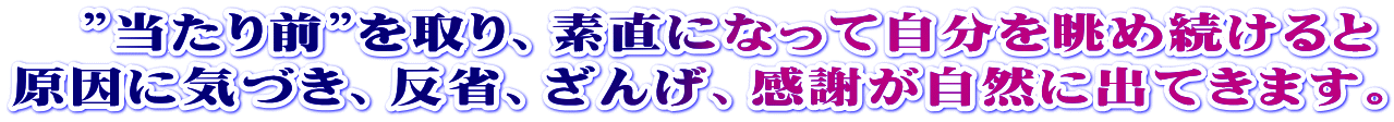 　”当たり前”を取り、素直になって自分を眺め続けると 原因に気づき、反省、ざんげ、感謝が自然に出てきます。